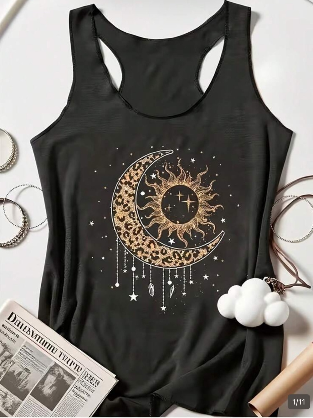 SHEIN Black Tank with Gold Leopard Crescent & Sun Graphic